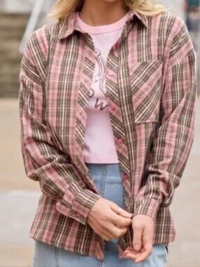 Pink Lily - Pink & Olive Plaid Button-Down Shirt
